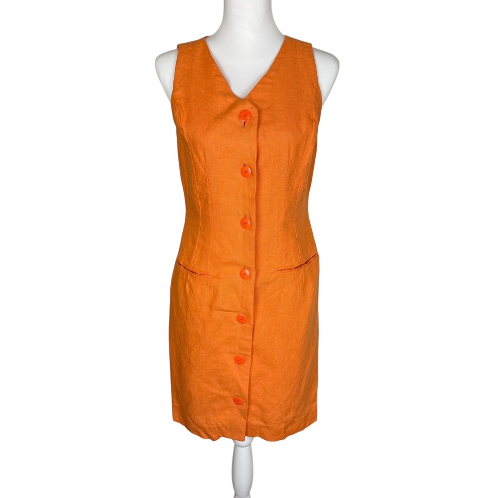 Sake‎ Linen Button Front V Neck Sleeveless Sheath Dress Orange Tangerine Size 8